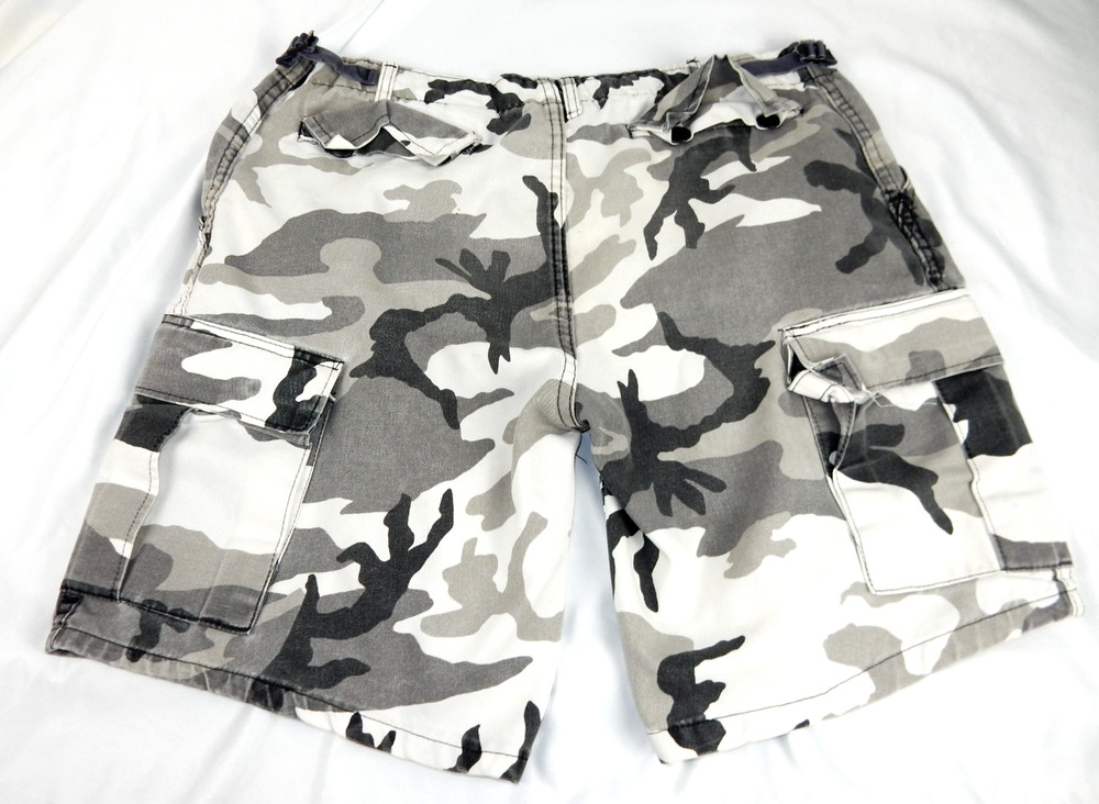 Vintage White Camo Cargo Shorts Mens Large Made in USA 4 Button Fly Side Straps